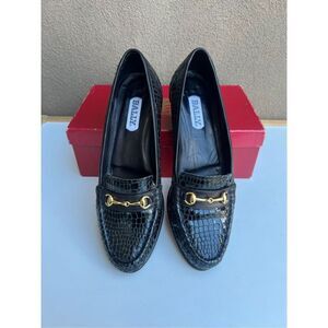 Bally Loafers Women 9 AA Shoes Black Gold Leather Slip On Horse Bit Flats Shiny